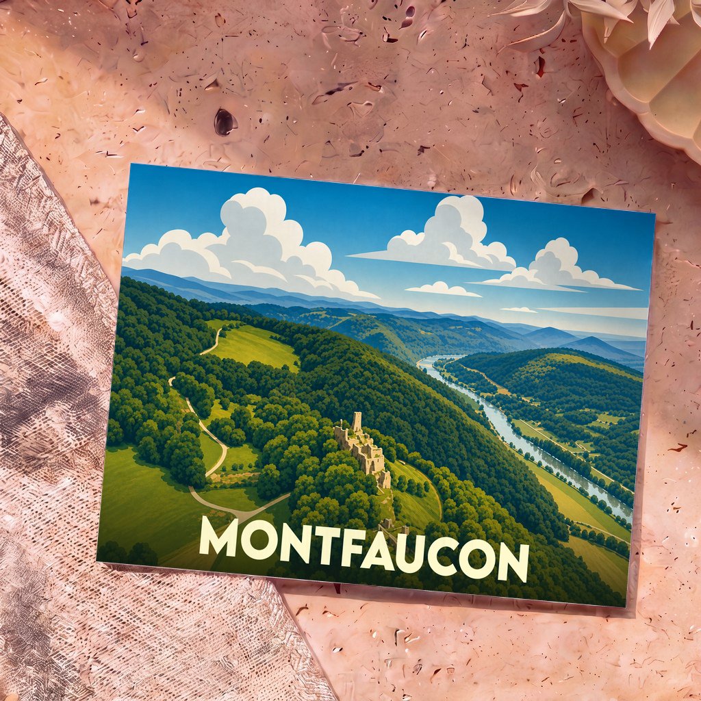 Carte postale souvenir de la ville de Montfaucon illustrant un paysage de collines verdoyantes et une rivière.