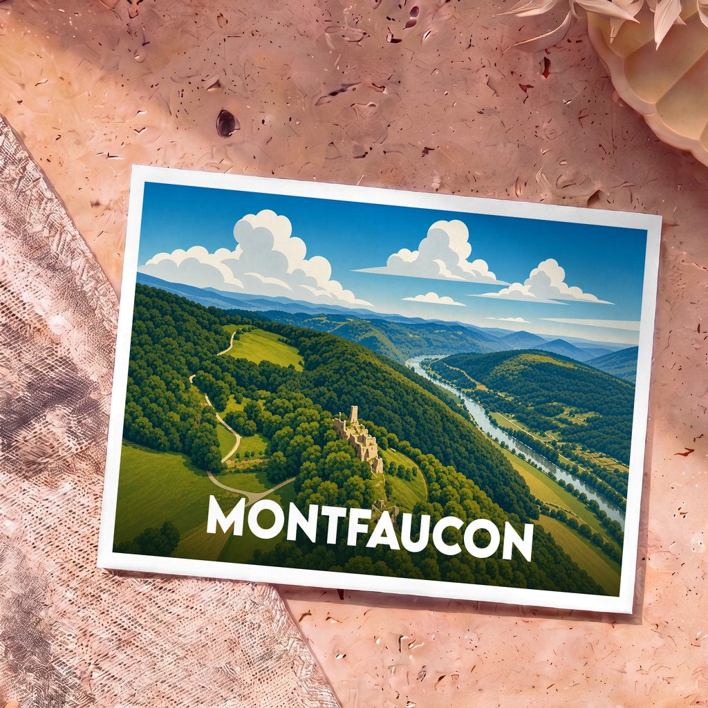 Carte postale souvenir de la ville de Montfaucon illustrant un paysage de collines verdoyantes et une rivière.