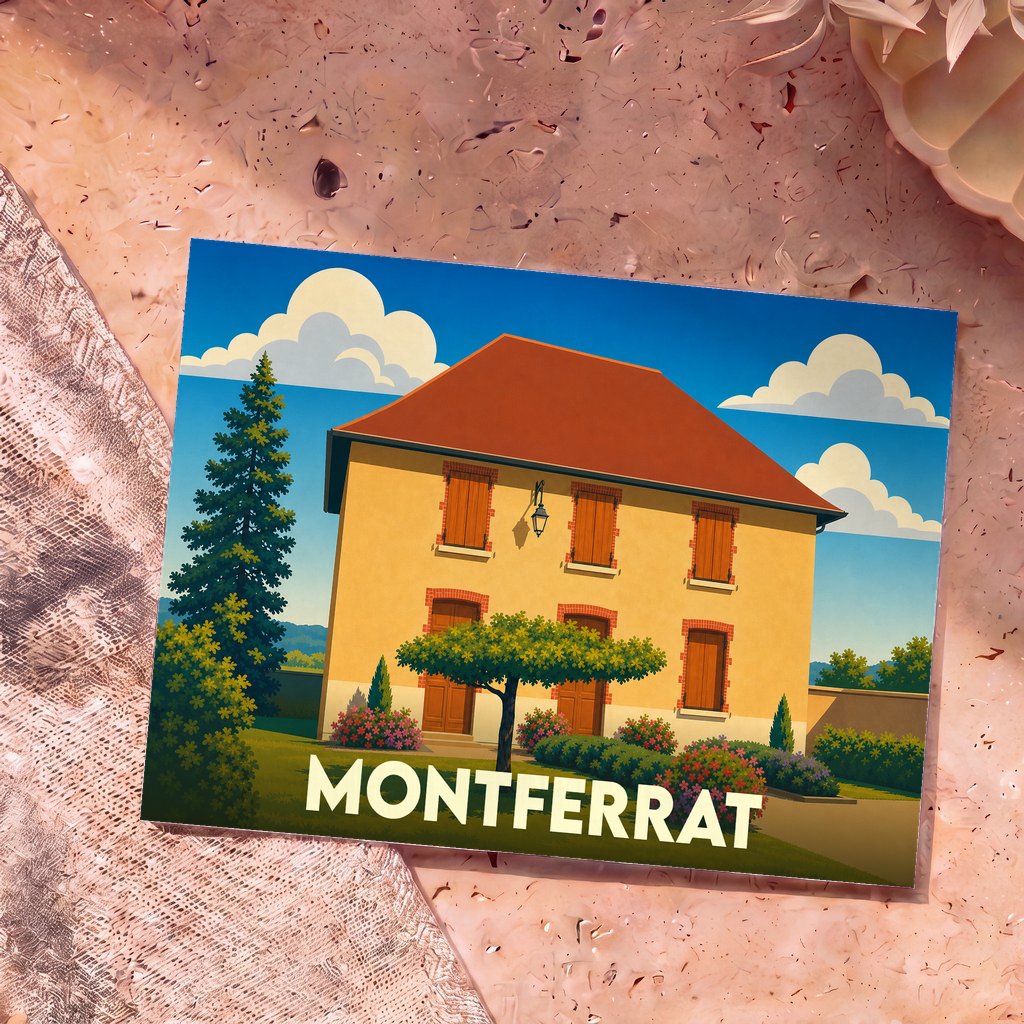 Carte postale souvenir de la ville de Montferrat illustrant une maison provençale jaune aux volets en bois sous un ciel azur.