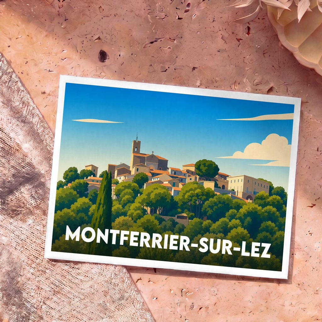 Carte postale souvenir de la ville de Montferrier-sur-Lez avec une illustration stylisée.