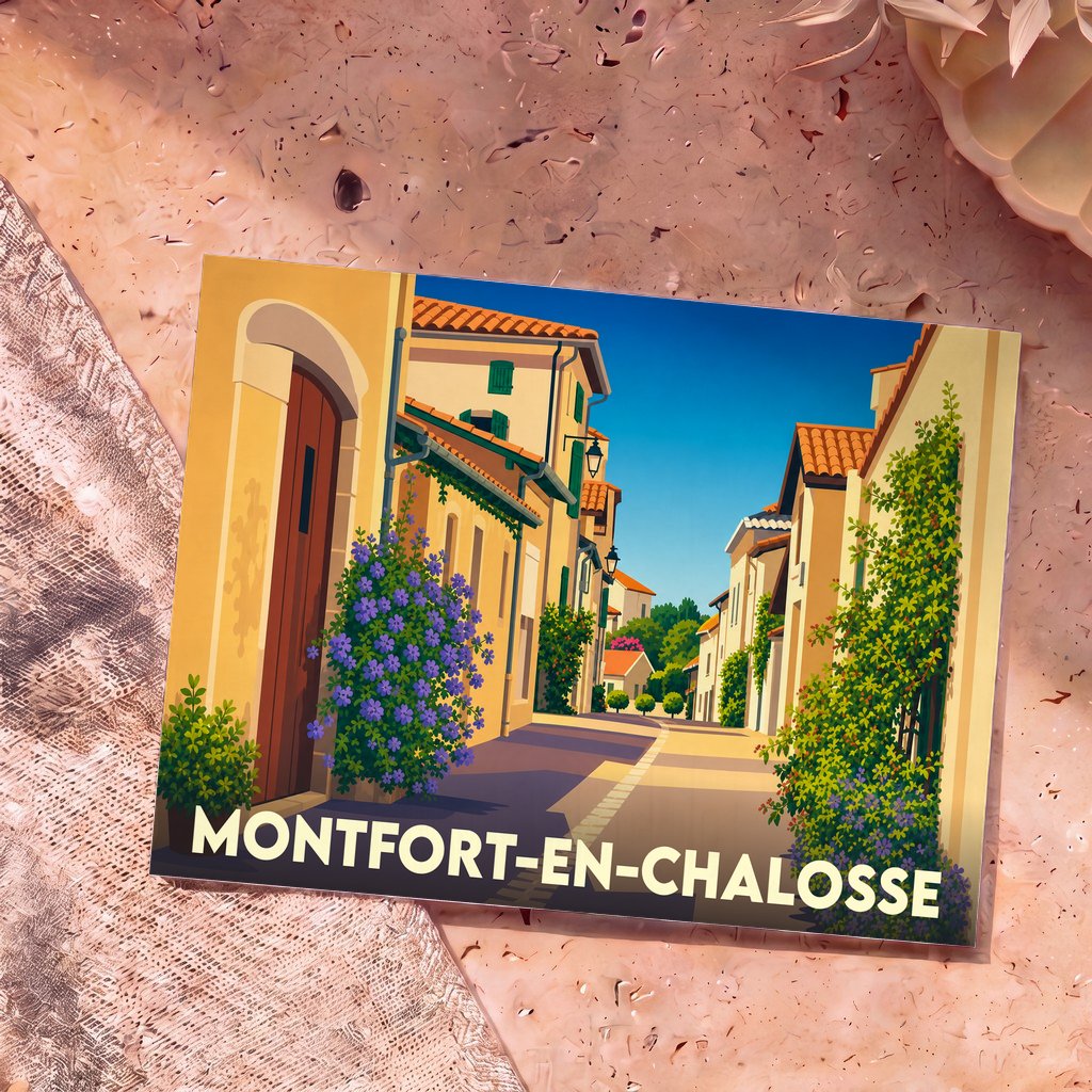 Carte postale souvenir de la ville de Montfort-en-Chalosse avec une illustration stylisée d'une rue ensoleillée et fleurie.