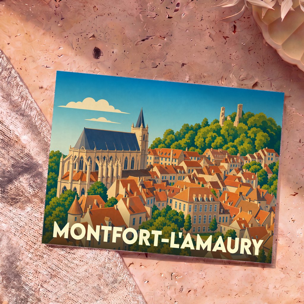 Carte postale souvenir de la ville de Montfort-l'Amaury présentant une illustration stylisée de son église et de ses toits.