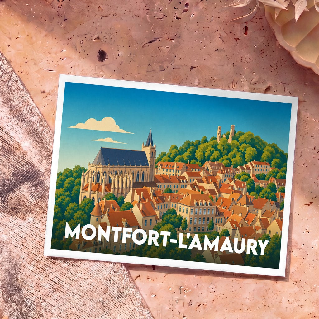 Carte postale souvenir de la ville de Montfort-l'Amaury présentant une illustration stylisée de son église et de ses toits.