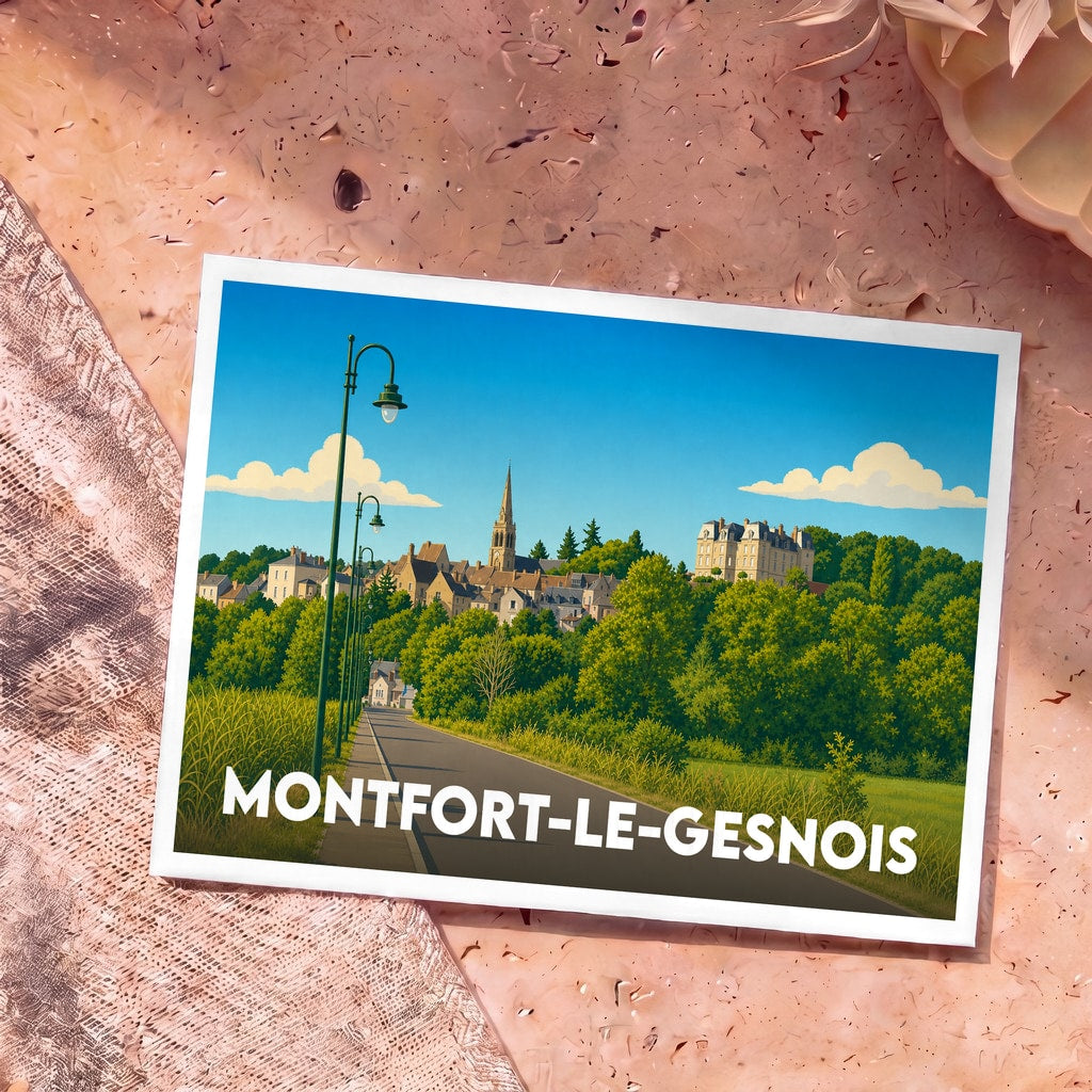 Carte postale souvenir de la ville de Montfort-le-Gesnois avec une illustration stylisée.