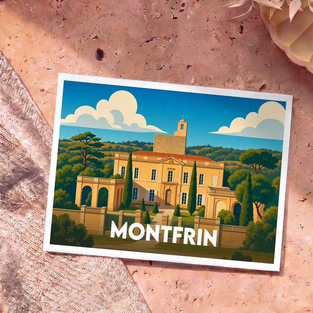 Carte postale souvenir de la ville de Montfrin avec une illustration stylisée de son château.