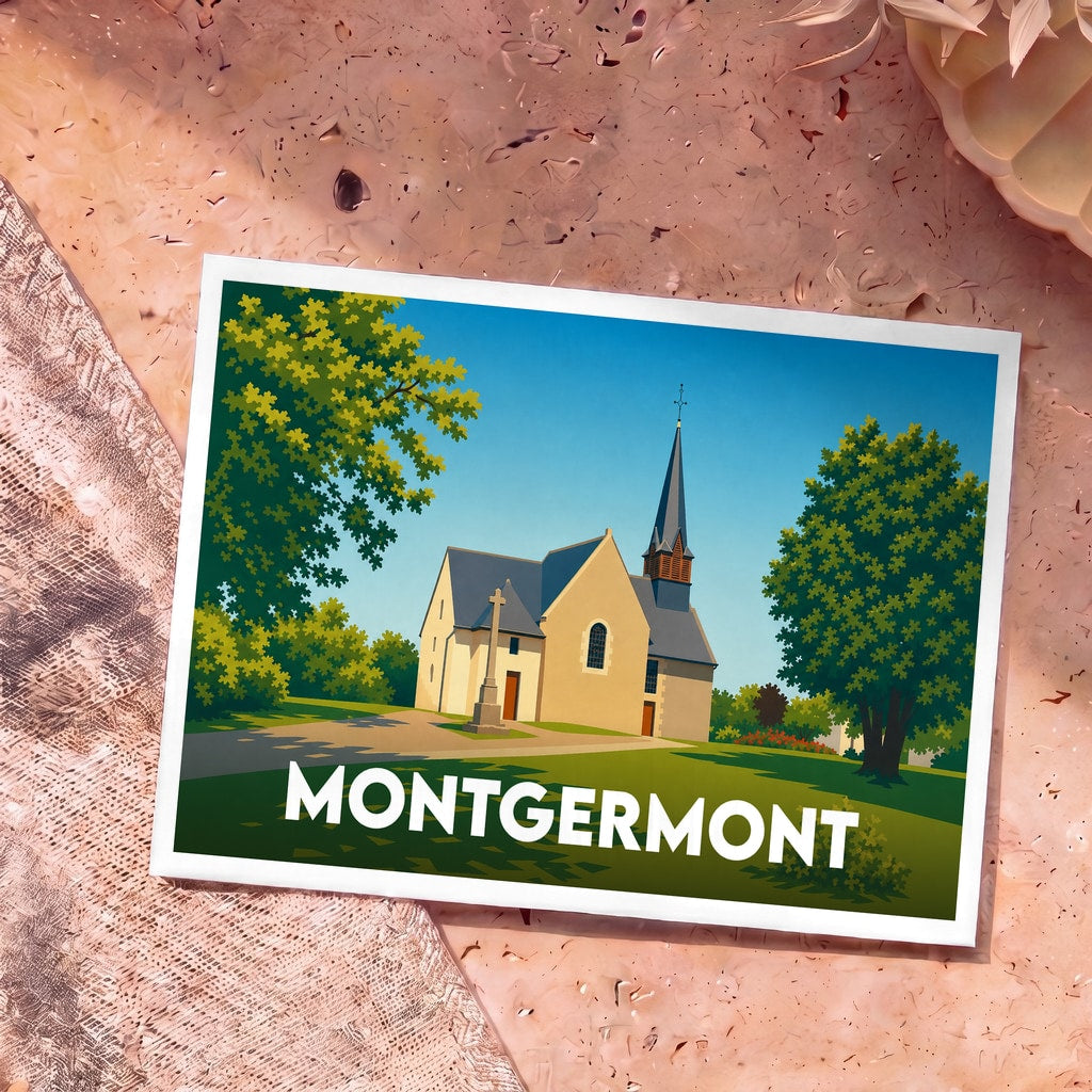 Carte postale souvenir de la ville de Montgermont avec une illustration stylisée de son église.