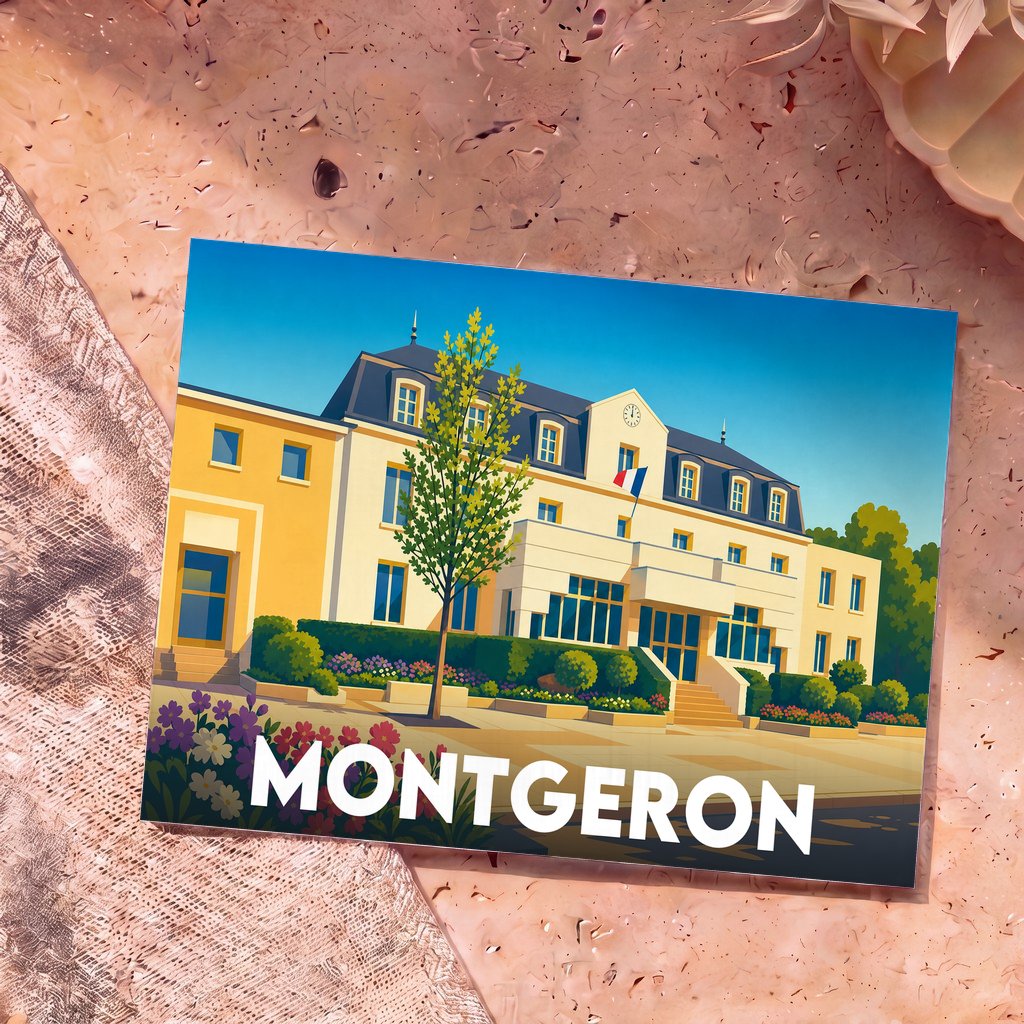 Carte postale souvenir de la ville de Montgeron illustrant son hôtel de ville dans un style graphique épuré.