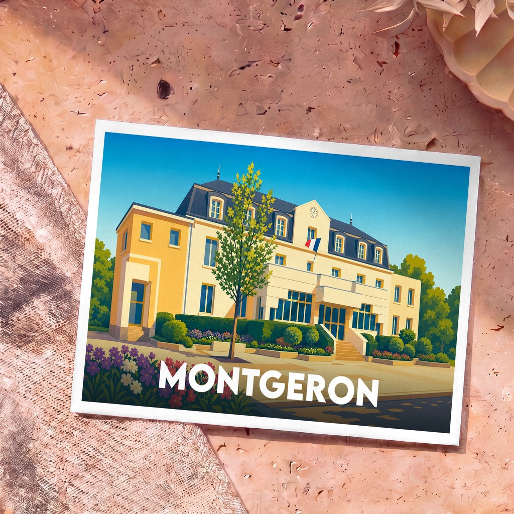 Carte postale souvenir de la ville de Montgeron illustrant son hôtel de ville dans un style graphique épuré.