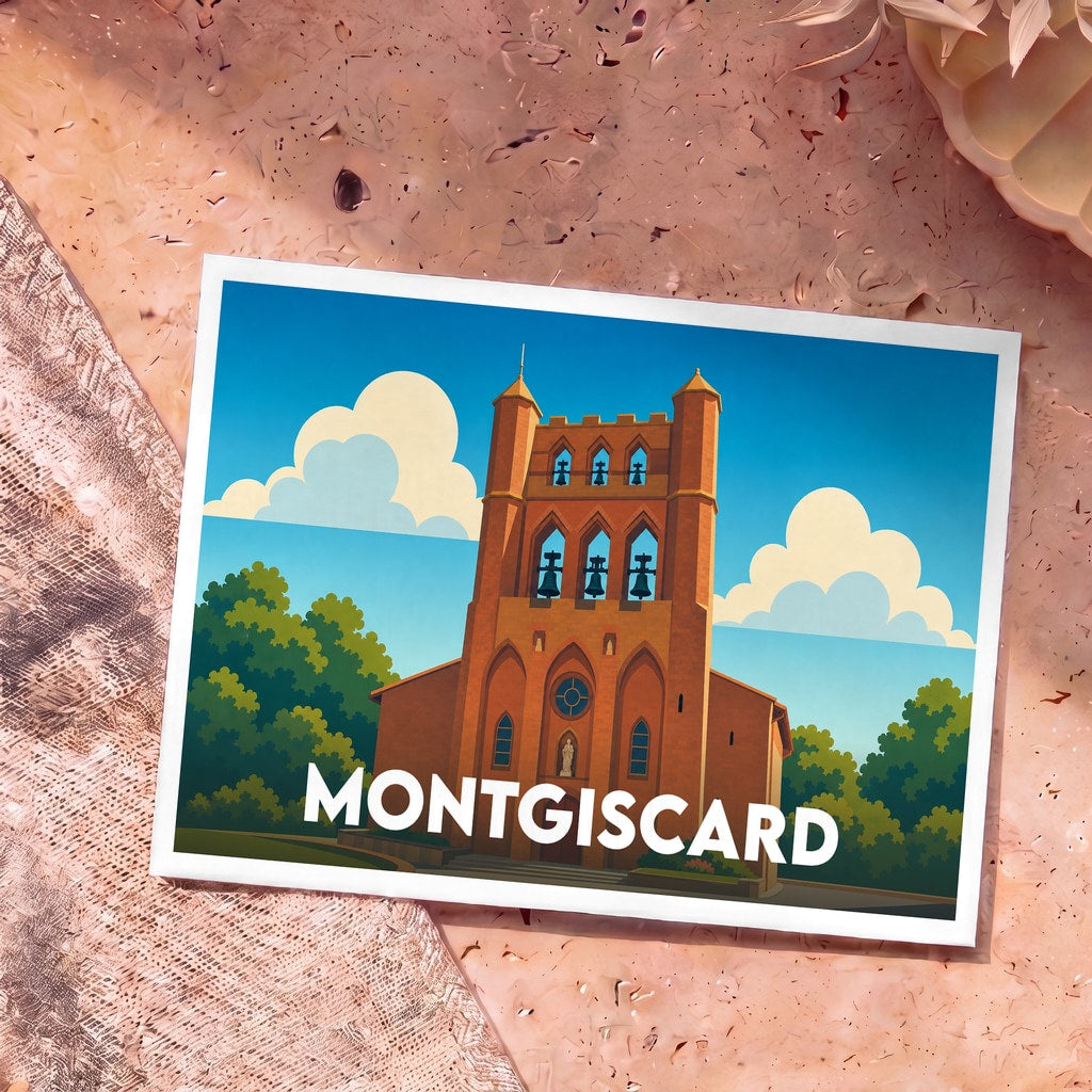 Carte postale souvenir de la ville de Montgiscard avec une illustration stylisée de son église à clocher-mur.