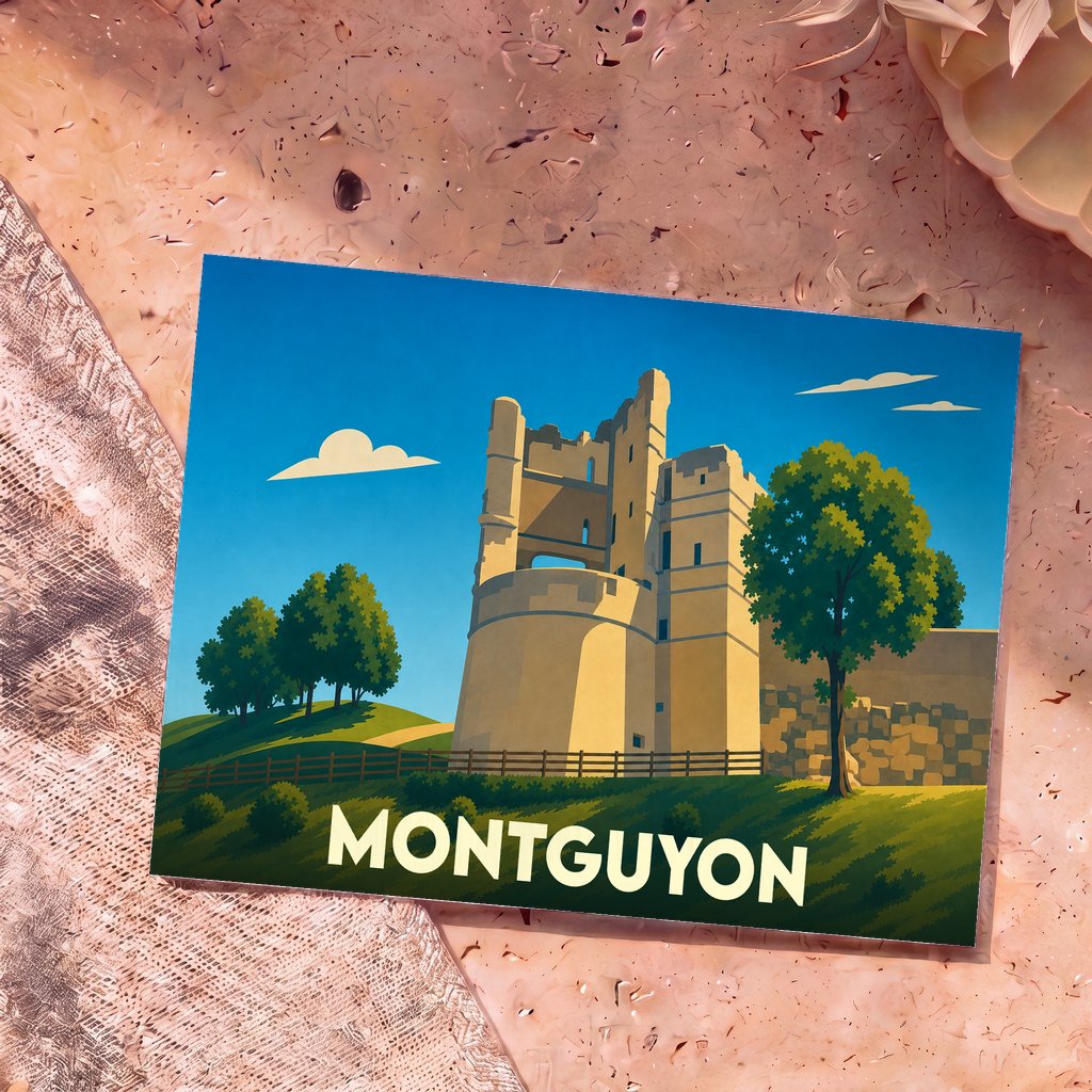 Carte postale souvenir de la ville de Montguyon avec une illustration stylisée de son château médiéval.