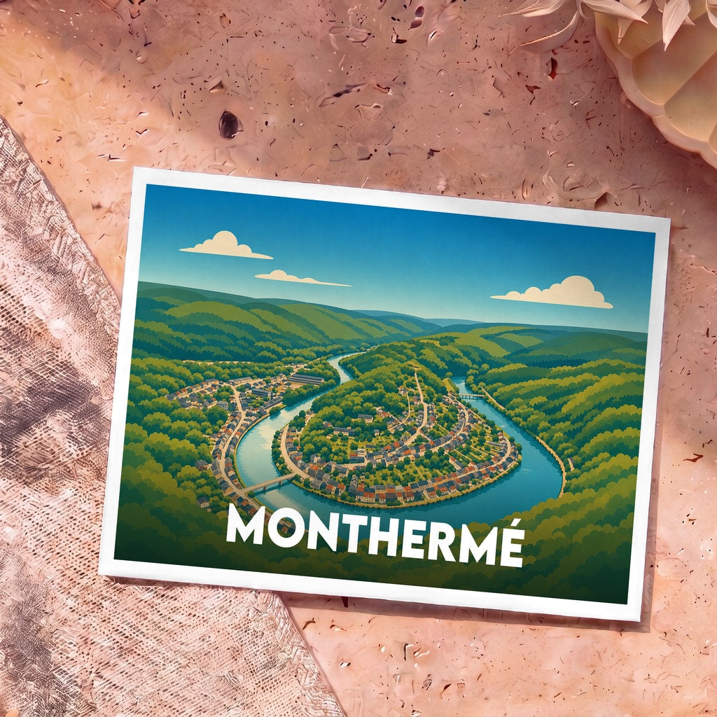 Carte postale souvenir de la ville de Monthermé illustrant la boucle de la Meuse dans un style graphique épuré.