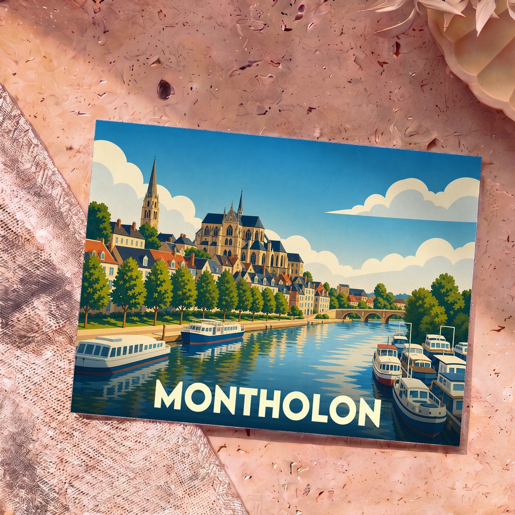Carte postale souvenir de la ville de Montholon illustrée avec un paysage urbain stylisé au bord de l'eau.