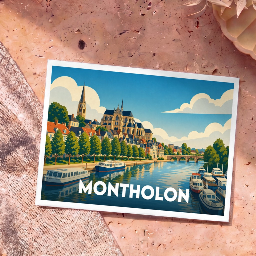 Carte postale souvenir de la ville de Montholon illustrée avec un paysage urbain stylisé au bord de l'eau.