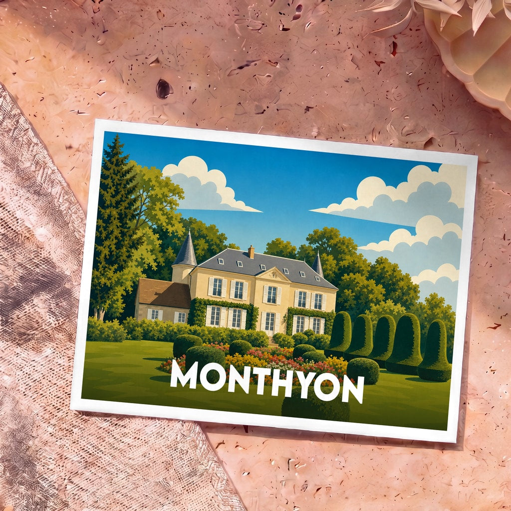 Carte postale souvenir de la ville de Monthyon illustrant un château entouré de jardins à la française.