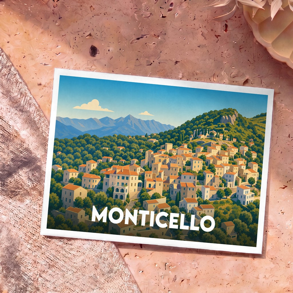 Carte postale souvenir de la ville de Monticello avec une illustration stylisée.