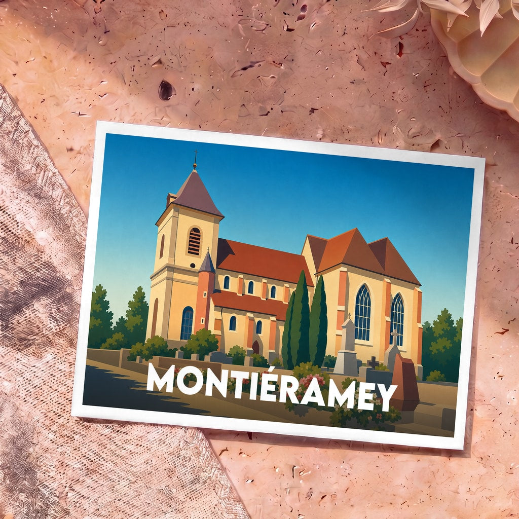 Carte postale souvenir de la ville de Montiéramey avec une illustration stylisée de son église et de son cimetière.