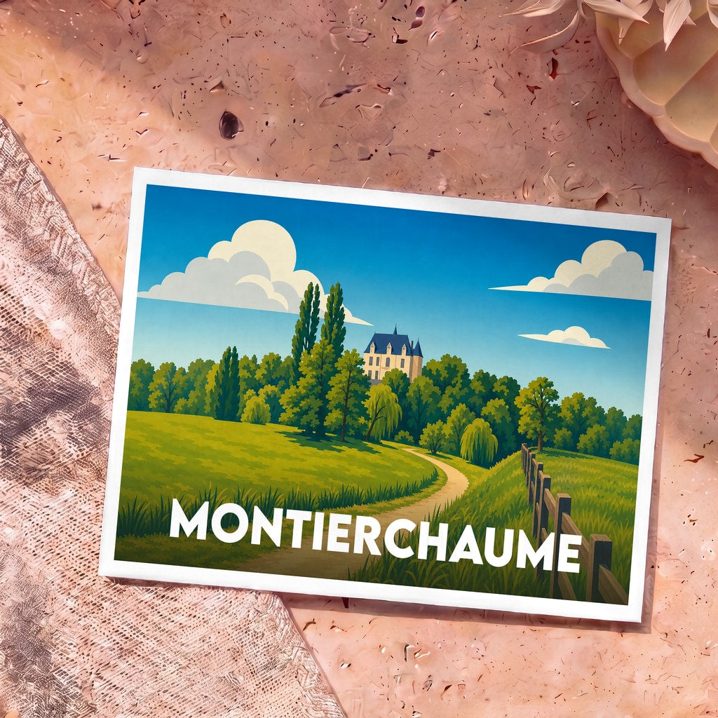 Carte postale souvenir de la ville de Montierchaume avec une illustration stylisée d'un château entouré de verdure.