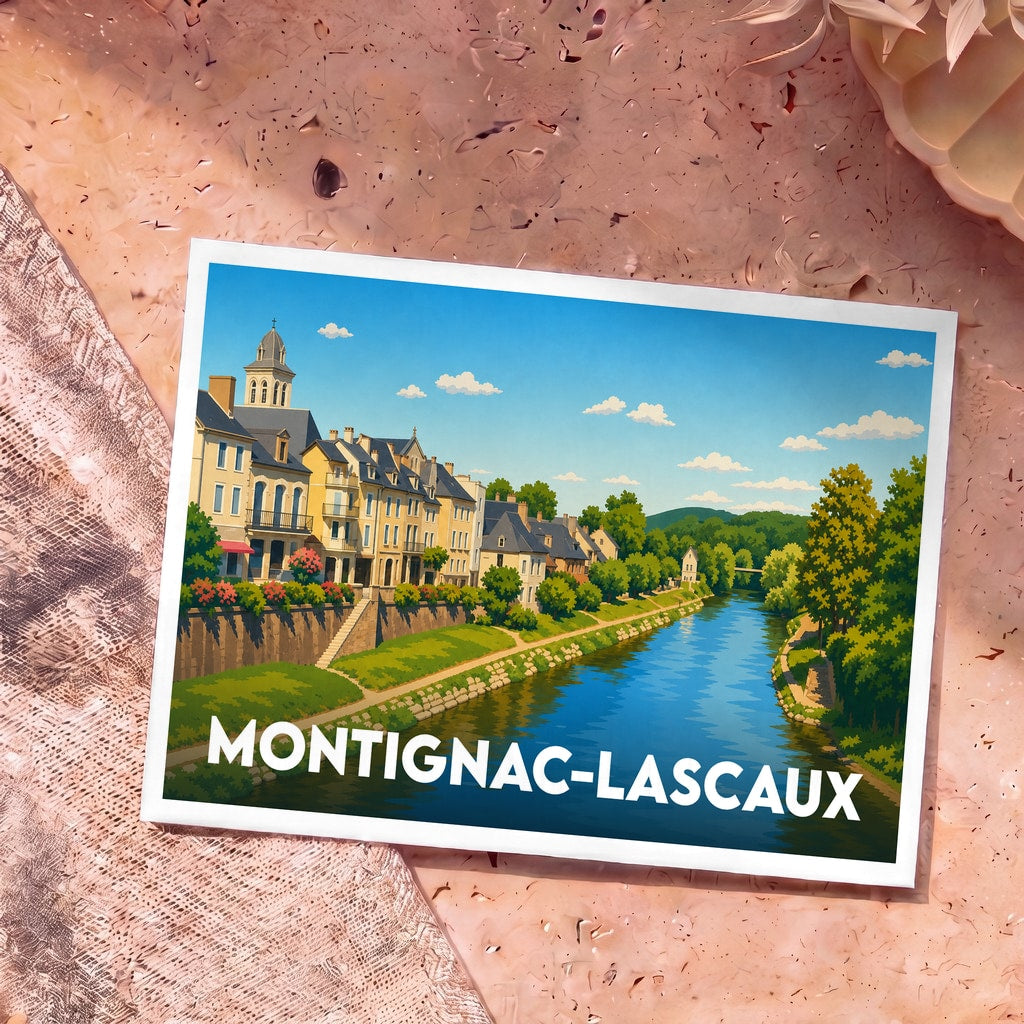 Carte postale souvenir de la ville de Montignac-Lascaux avec une illustration stylisée des bords de la Vézère.