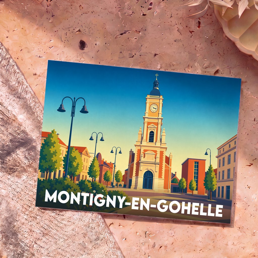 Carte postale souvenir de la ville de Montigny-en-Gohelle avec une illustration stylisée de son église et de sa place.