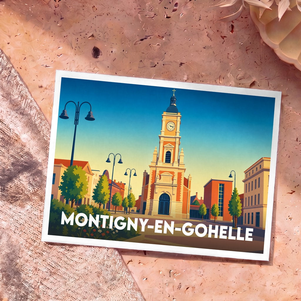 Carte postale souvenir de la ville de Montigny-en-Gohelle avec une illustration stylisée de son église et de sa place.