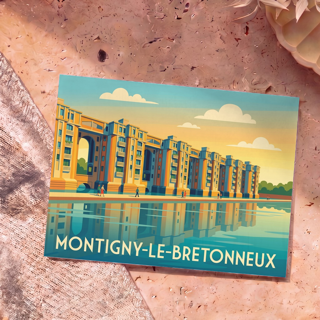 Carte postale souvenir de la ville de Montigny-le-Bretonneux illustrant ses célèbres arcades au bord de l'eau.