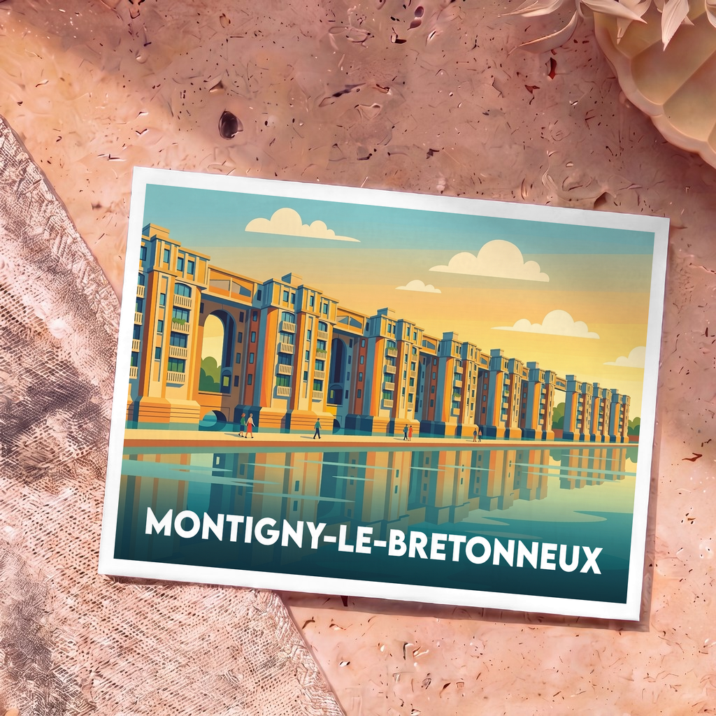 Carte postale souvenir de la ville de Montigny-le-Bretonneux illustrant ses célèbres arcades au bord de l'eau.