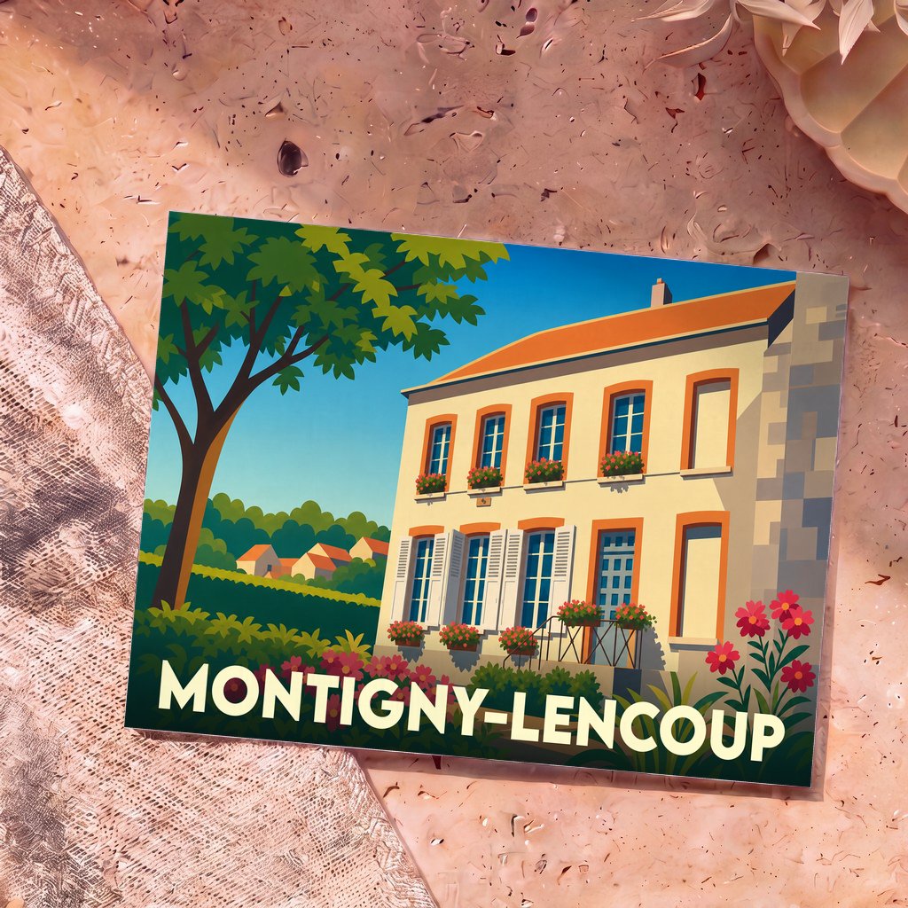 Carte postale souvenir de la ville de Montigny-Lencoup avec une illustration stylisée d'une maison fleurie.