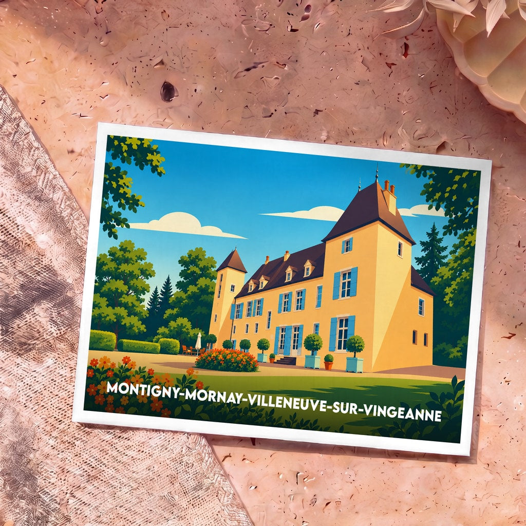 Carte postale souvenir de la ville de Montigny-Mornay-Villeneuve-sur-Vingeanne avec une illustration stylisée d'un château jaune.