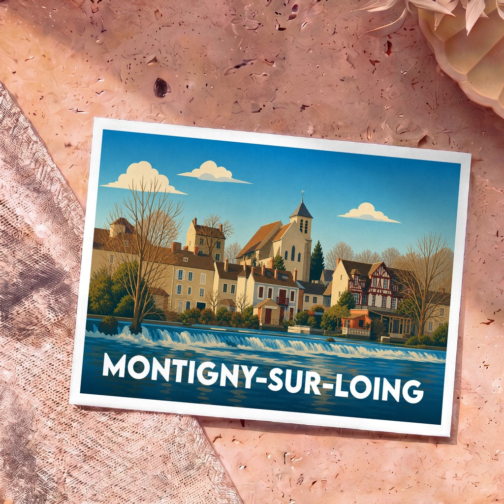 Carte postale souvenir de la ville de Montigny-sur-Loing avec une illustration stylisée des bords du Loing.