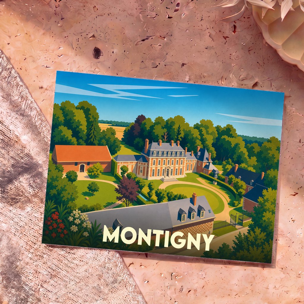 Carte postale souvenir de la ville de Montigny avec une illustration stylisée de son château.