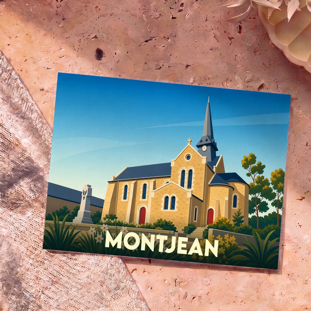 Carte postale souvenir de la ville de Montjean avec une illustration stylisée de son église sous un ciel bleu.