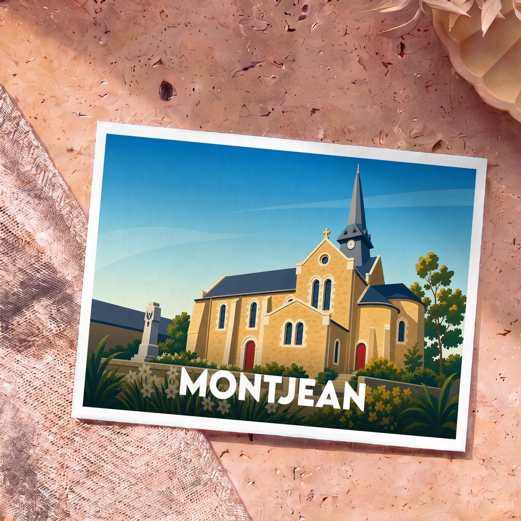 Carte postale souvenir de la ville de Montjean avec une illustration stylisée de son église sous un ciel bleu.