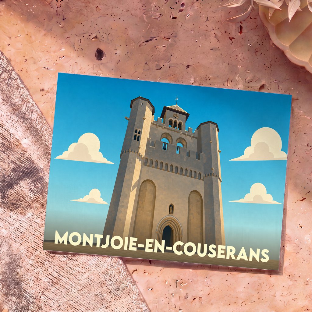 Carte postale souvenir de la ville de Montjoie-en-Couserans avec une illustration stylisée de son église fortifiée.