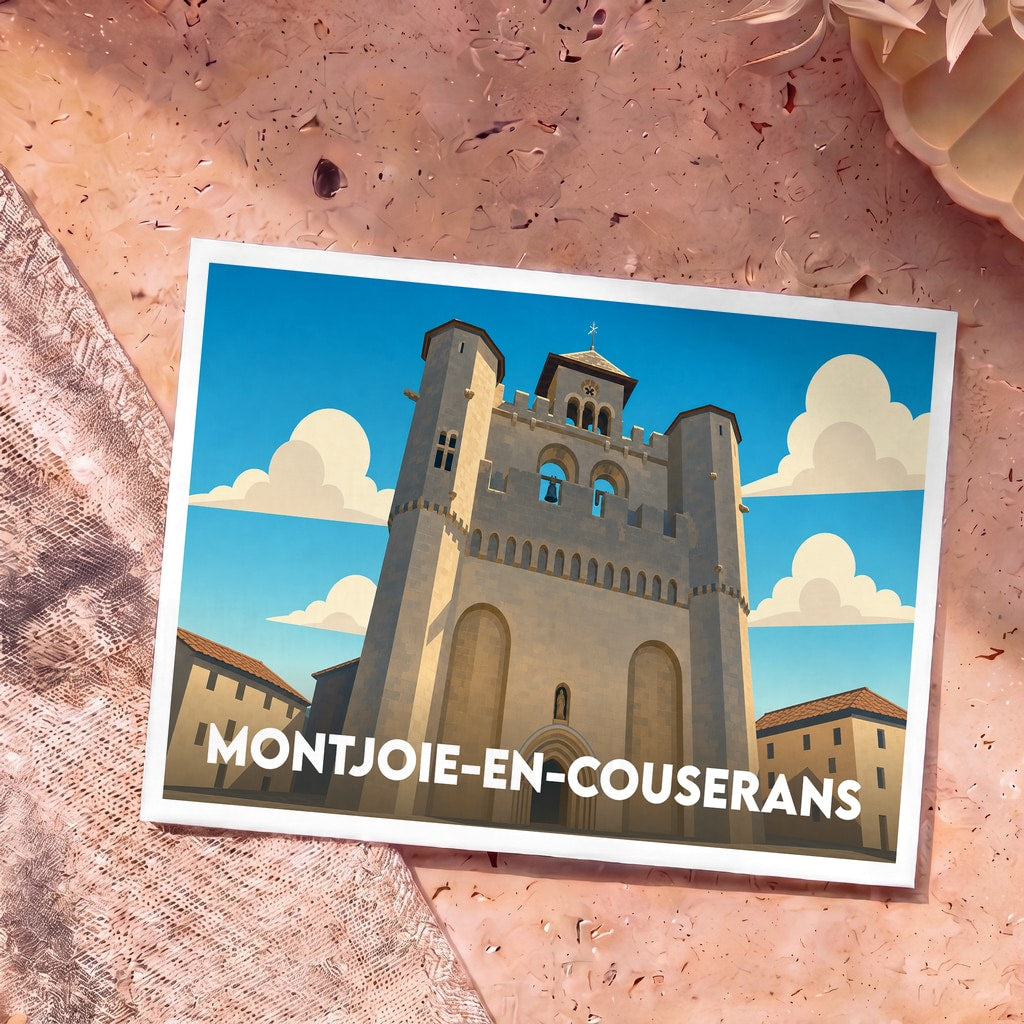 Carte postale souvenir de la ville de Montjoie-en-Couserans avec une illustration stylisée de son église fortifiée.