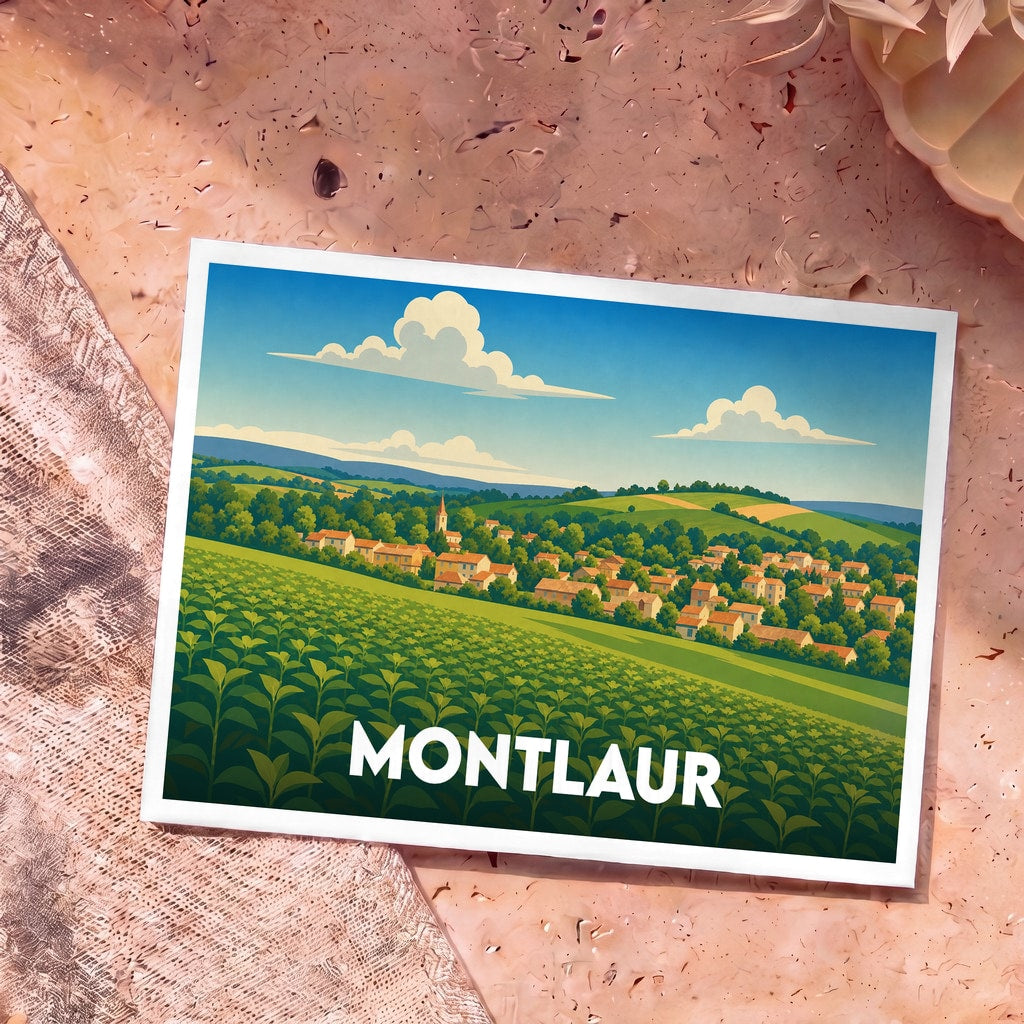 Carte postale souvenir de la ville de Montlaur avec une illustration stylisée d'un village et de champs.