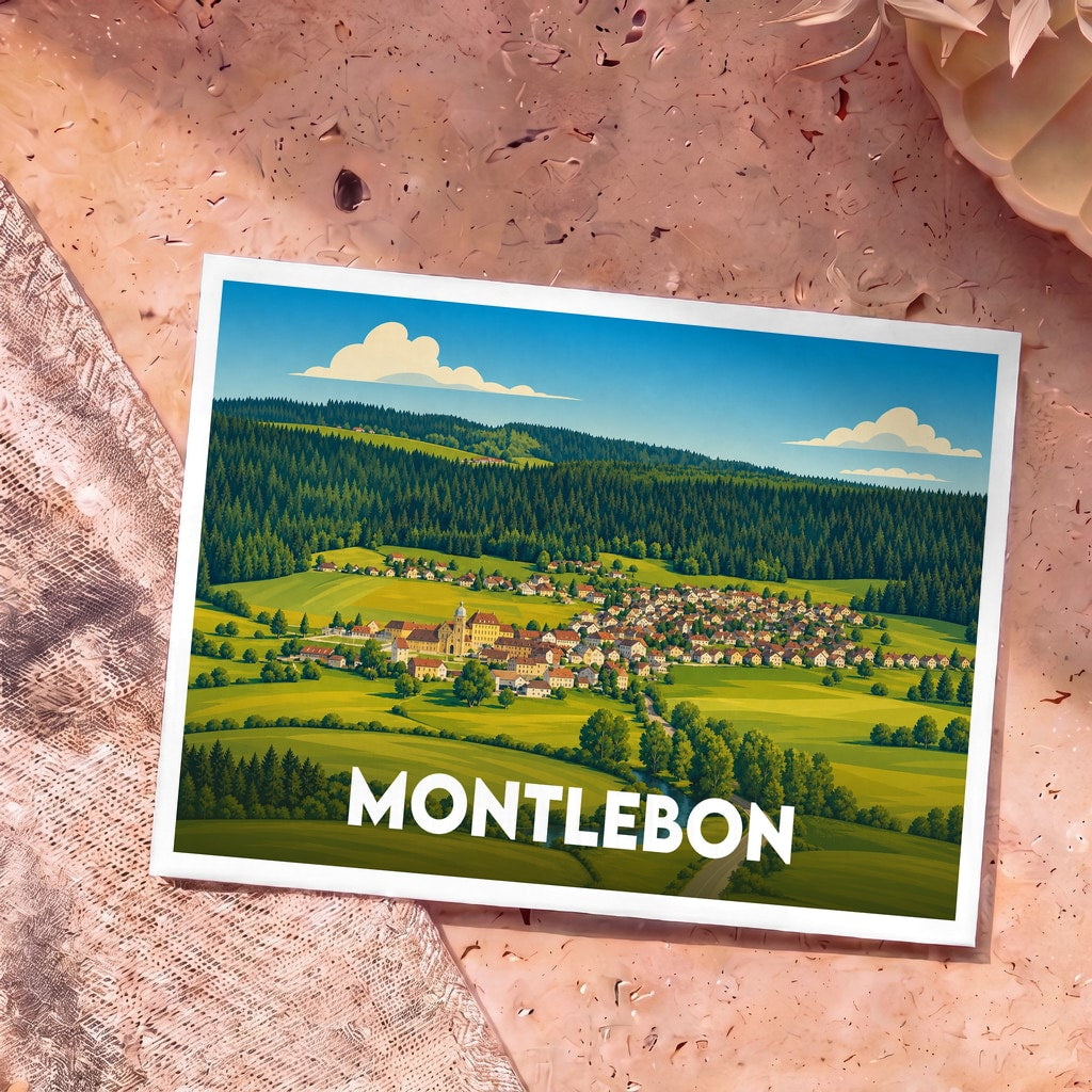 Carte postale souvenir de la ville de Montlebon avec une illustration stylisée de son paysage vallonné.