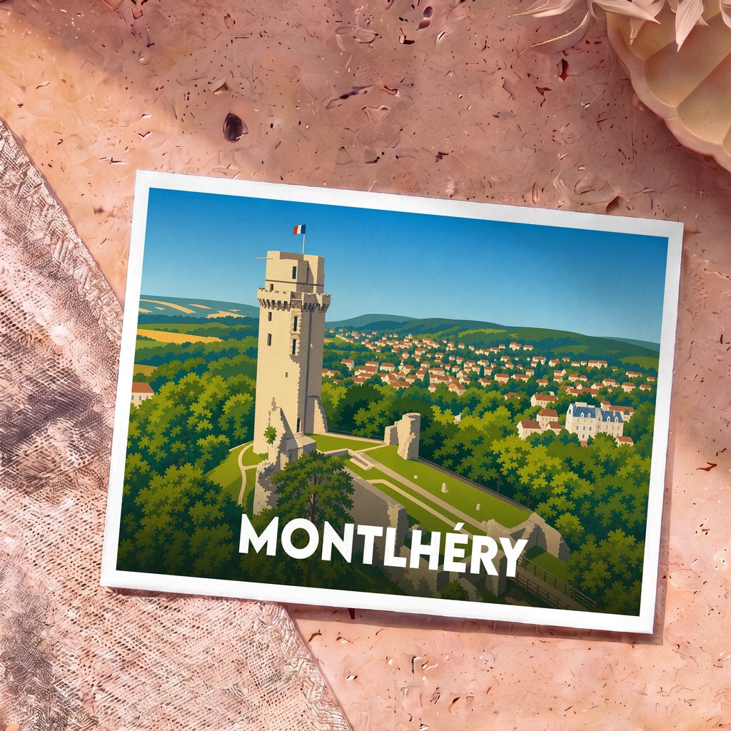 Carte postale souvenir de la ville de Montlhéry avec une illustration stylisée de sa tour médiévale.