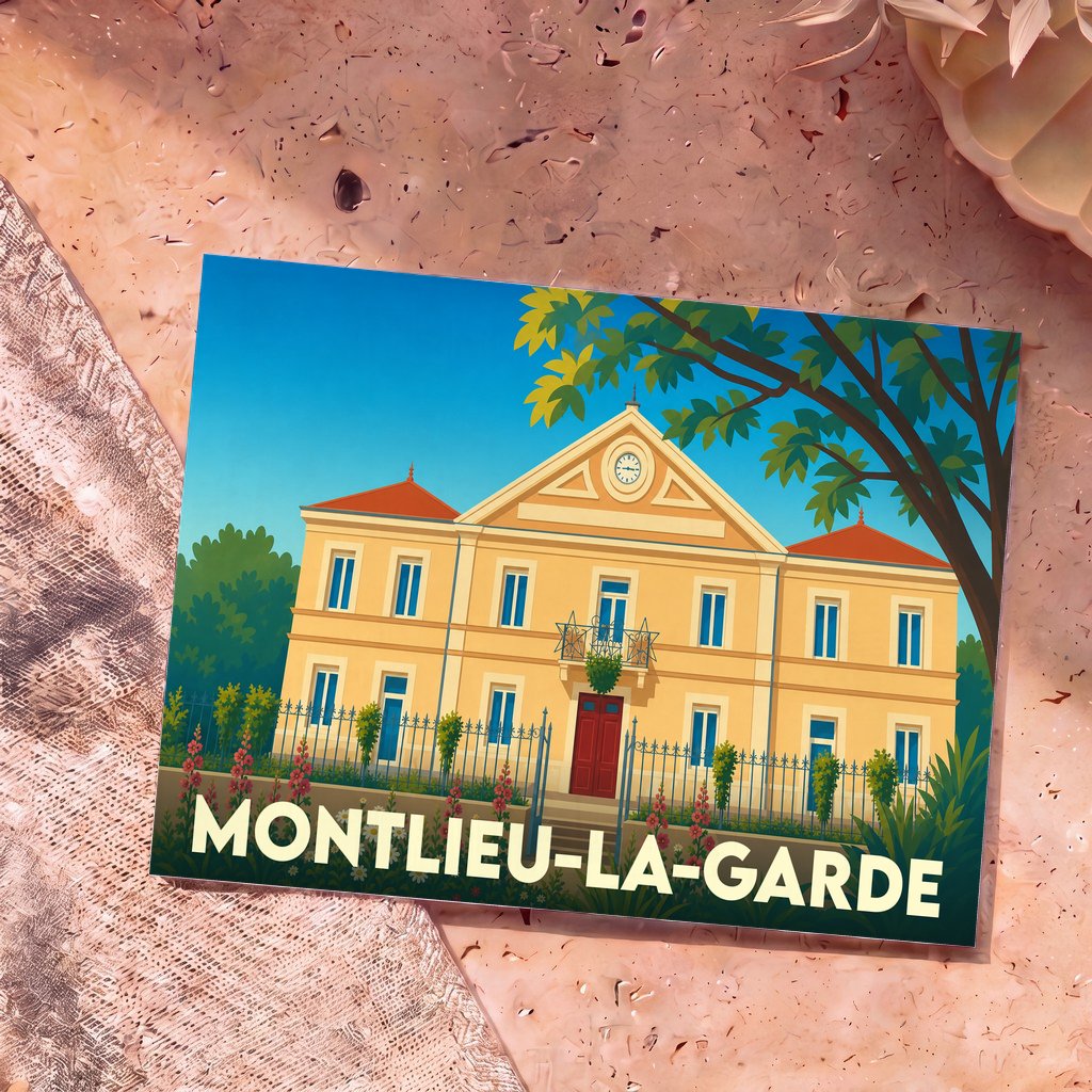 Carte postale souvenir de la ville de Montlieu-la-Garde avec une illustration stylisée de la mairie.