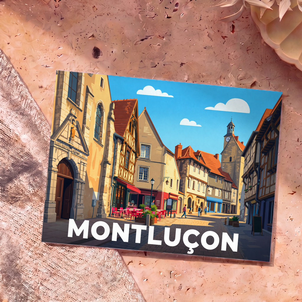 Carte postale souvenir de la ville de Montluçon avec une illustration stylisée de ses rues historiques.