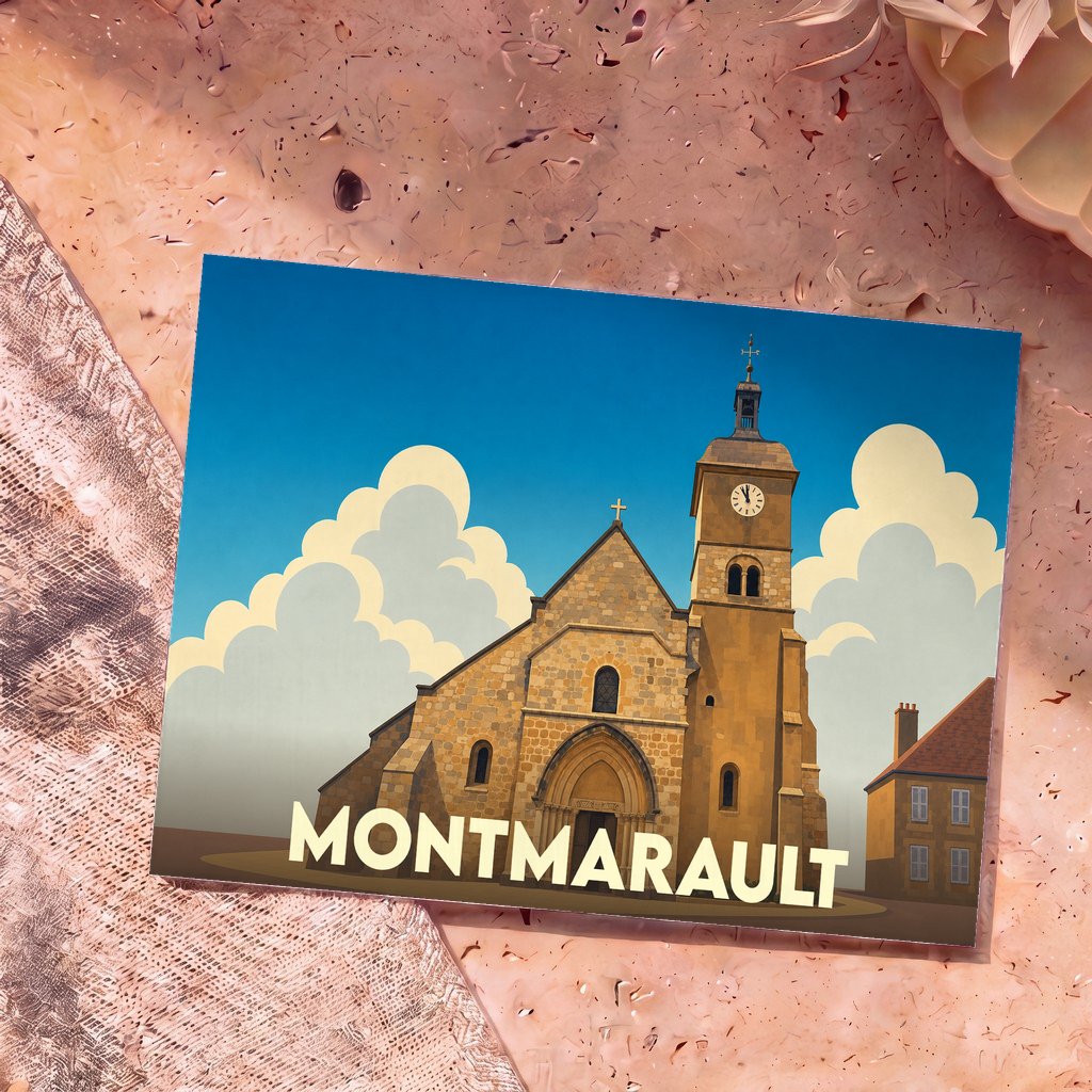 Carte postale souvenir de la ville de Montmarault avec une illustration stylisée de son église sous un ciel azur.