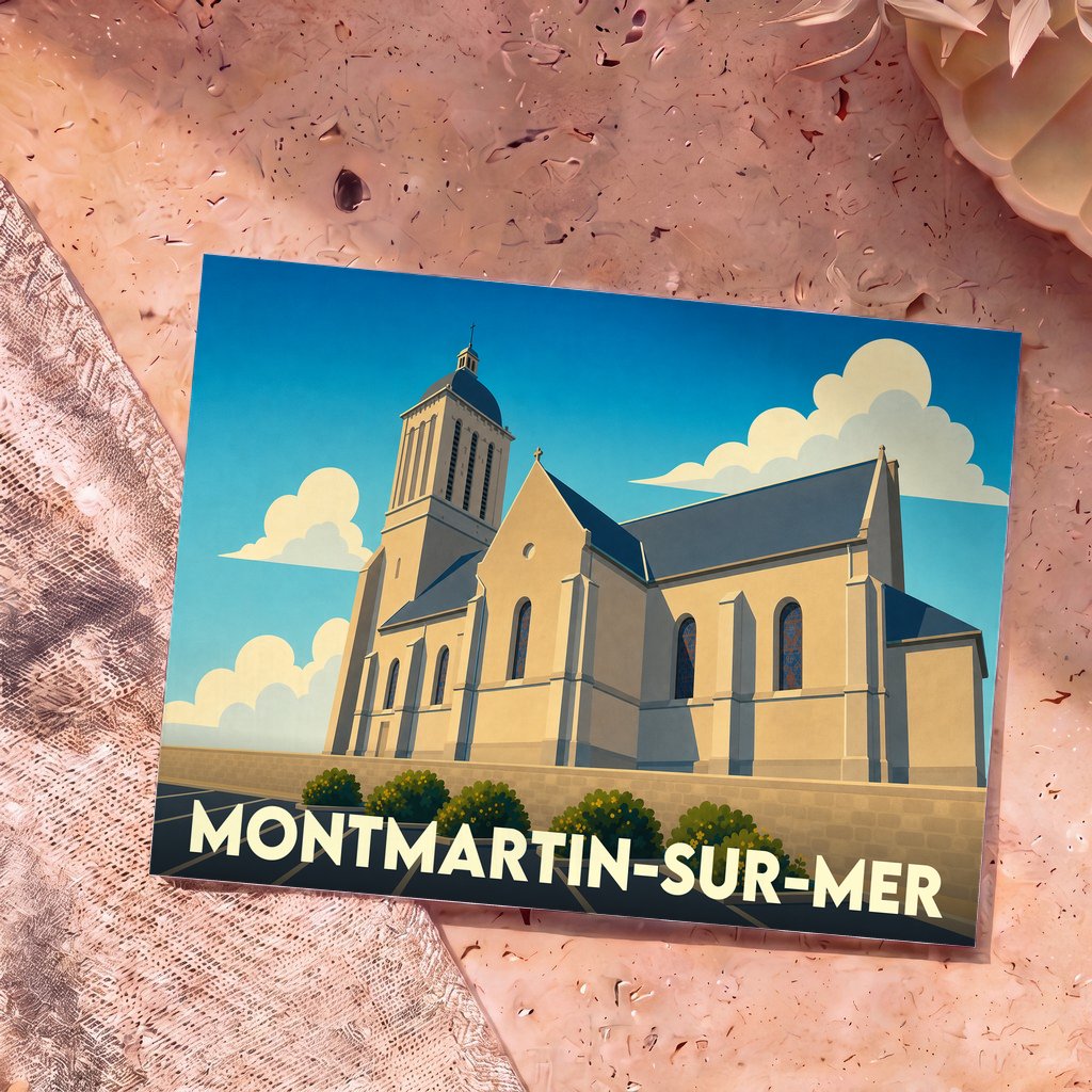 Carte postale souvenir de Montmartin-sur-Mer illustrant son église dans un style graphique épuré.
