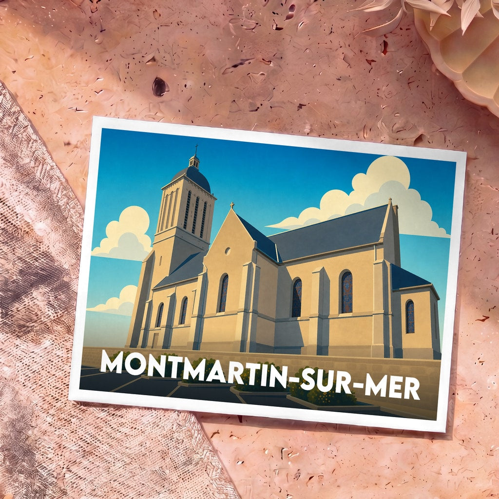 Carte postale souvenir de Montmartin-sur-Mer illustrant son église dans un style graphique épuré.