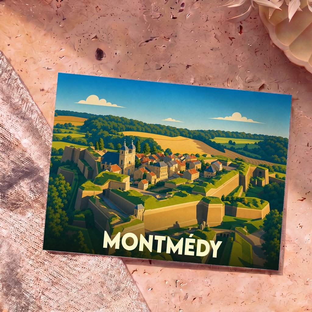 Carte postale souvenir de la ville de Montmédy présentant une illustration stylisée de sa citadelle fortifiée.