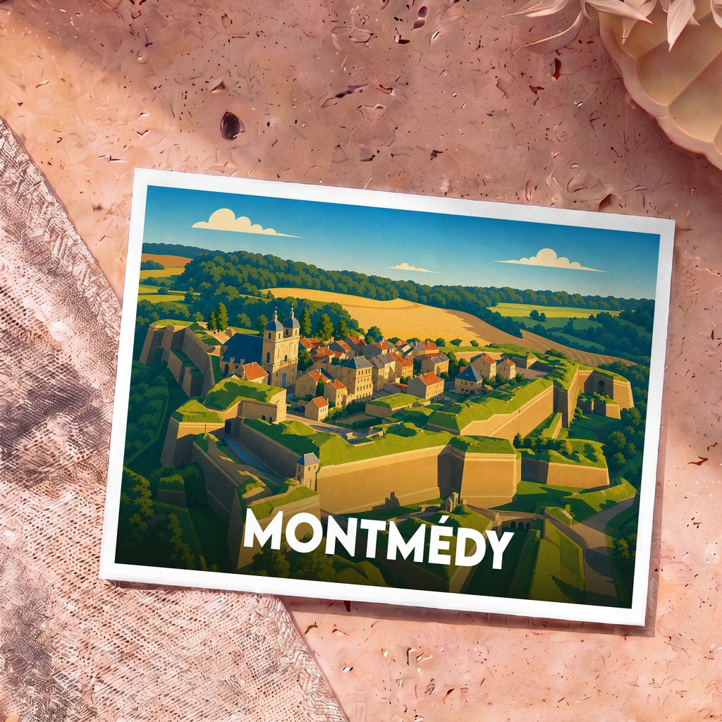 Carte postale souvenir de la ville de Montmédy présentant une illustration stylisée de sa citadelle fortifiée.