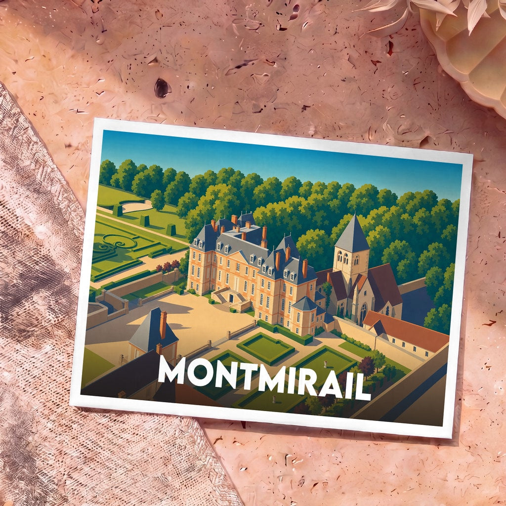 Carte postale souvenir de la ville de Montmirail avec une illustration stylisée de son château et de ses jardins.