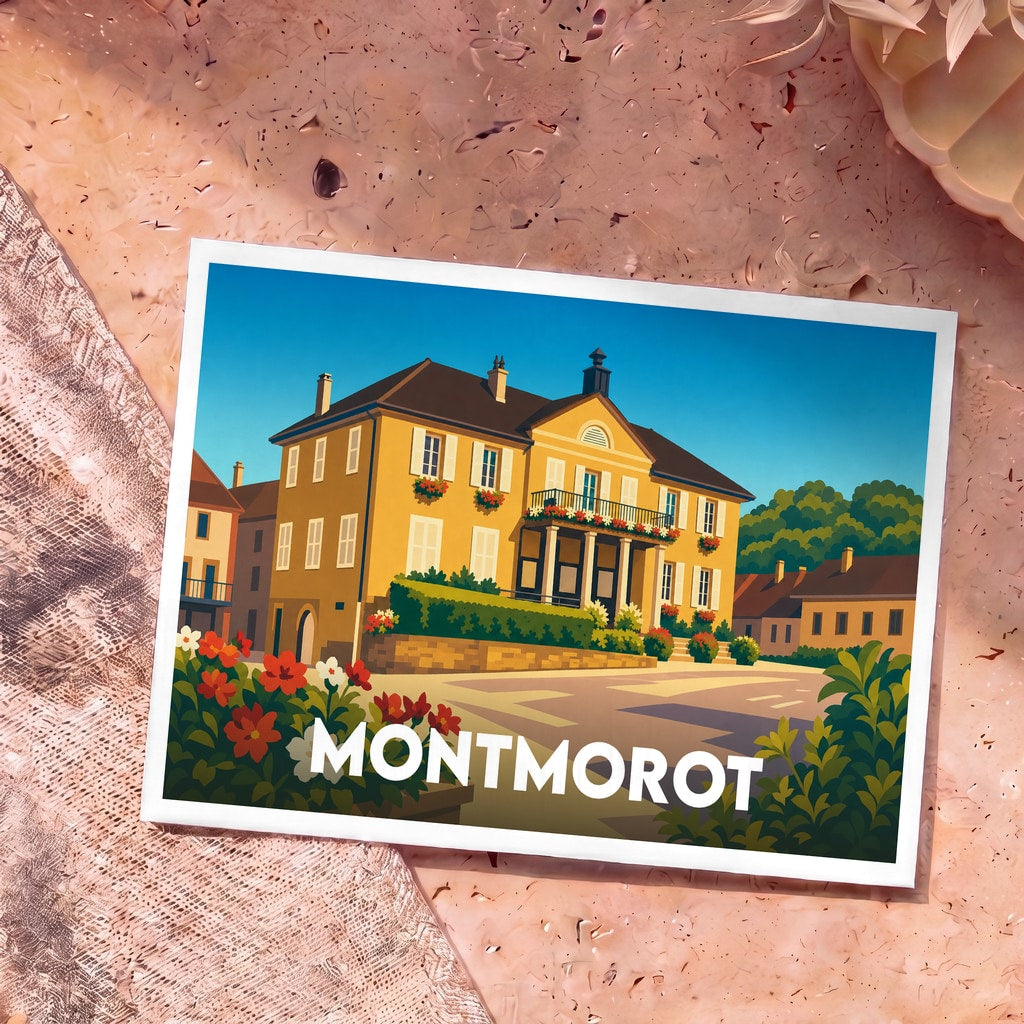 Carte postale souvenir de la ville de Montmorot avec une illustration stylisée d'un bâtiment remarquable.