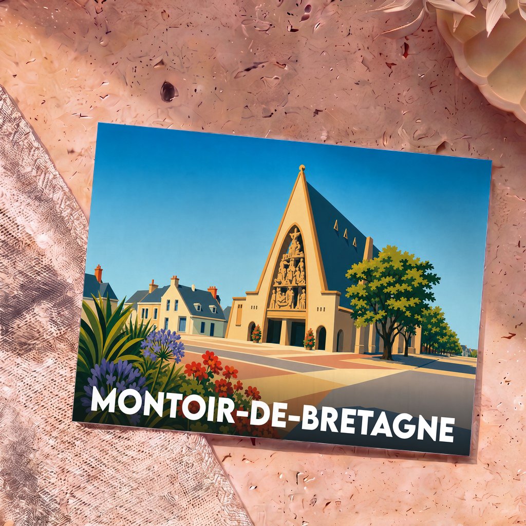 Carte postale souvenir de la ville de Montoir-de-Bretagne avec une illustration stylisée de son église moderne.