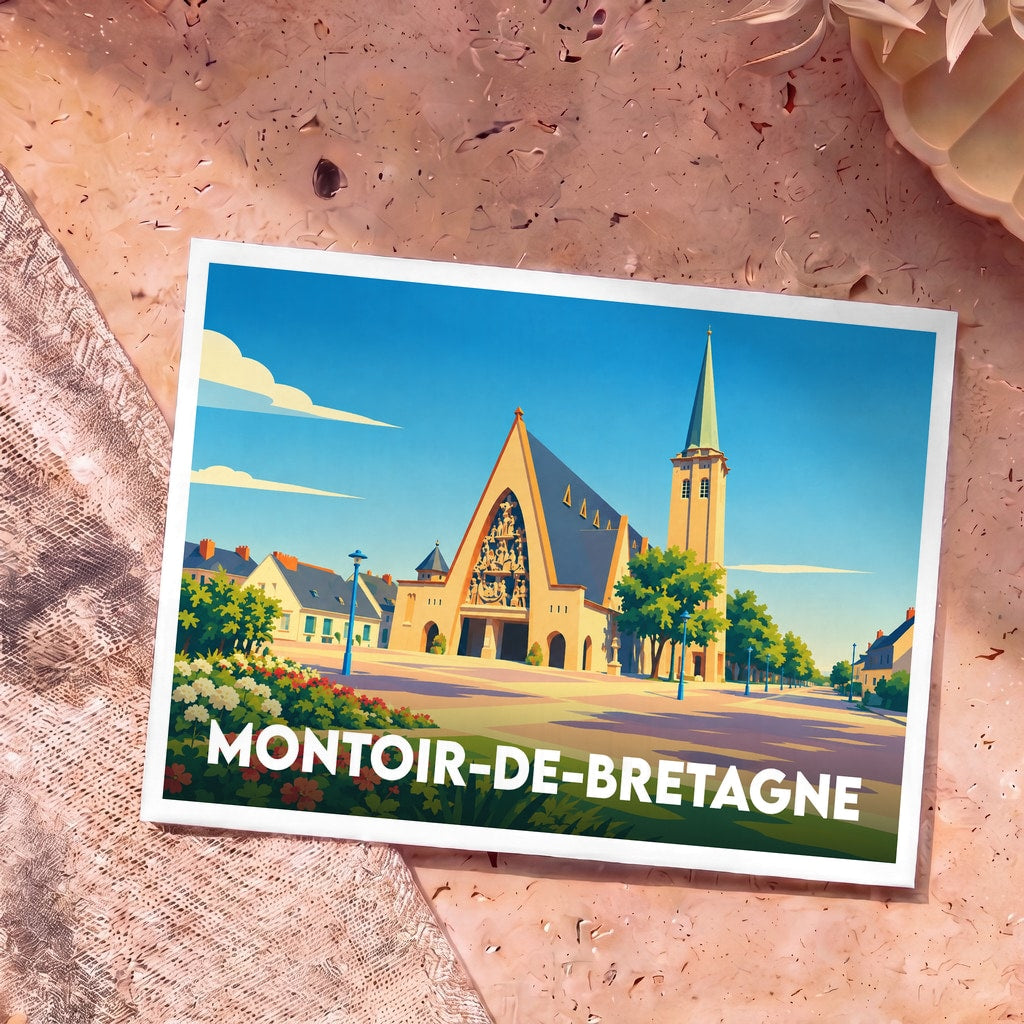 Carte postale souvenir de la ville de Montoir-de-Bretagne avec une illustration stylisée de son église.