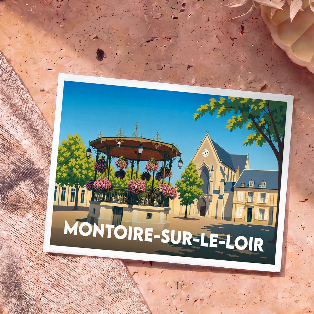 Carte postale souvenir de Montoire-sur-le-Loir avec une illustration stylisée de son kiosque à musique et de son église.