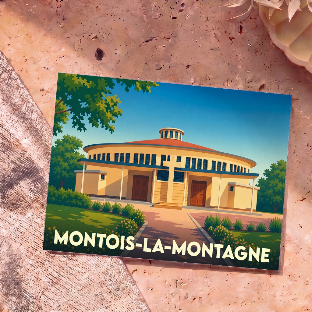 Carte postale souvenir de la ville de Montois-la-Montagne illustrant son église circulaire dans un style épuré.